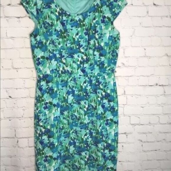 Calvin Klein Sleeveless Knee Length Ditsy Shift Dress Women Size 8 Green/Blue - Picture 7 of 9